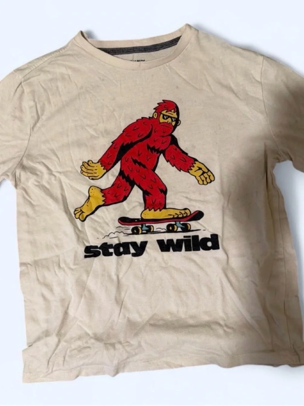Old Navy Cream Tee with Red Skateboarding Gorilla Graphic
